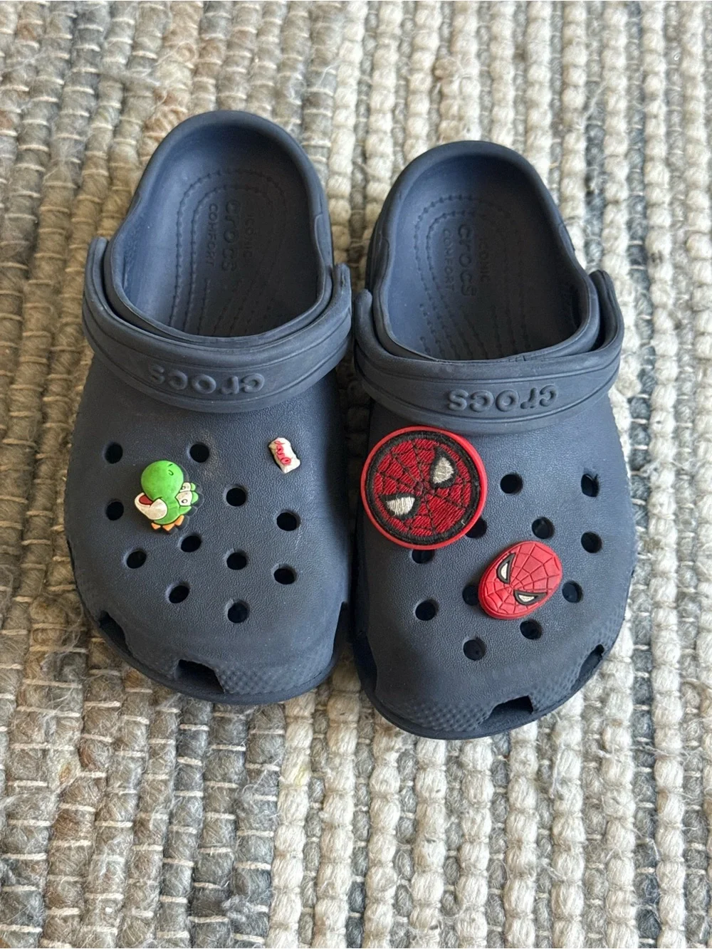 CROCS Kids Classic Clogs in Dark Gray with Red & Green Charms
